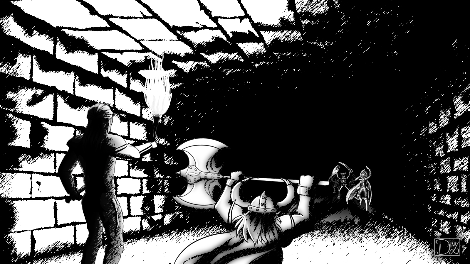 Black and white old-school dungeon corridor with adventurers facing danger
